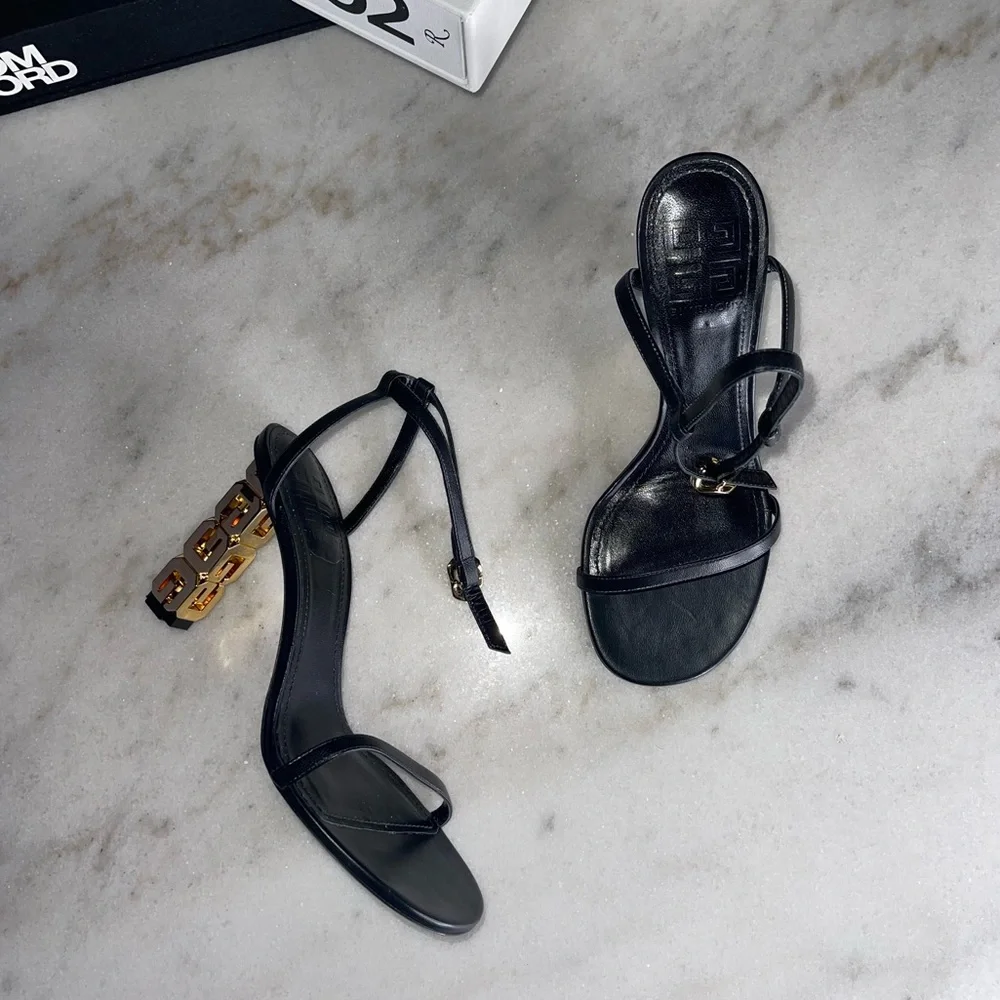 Givenchy 4G Chain-Heel Leather Sandals in Black/Gold - Picture 6 of 15